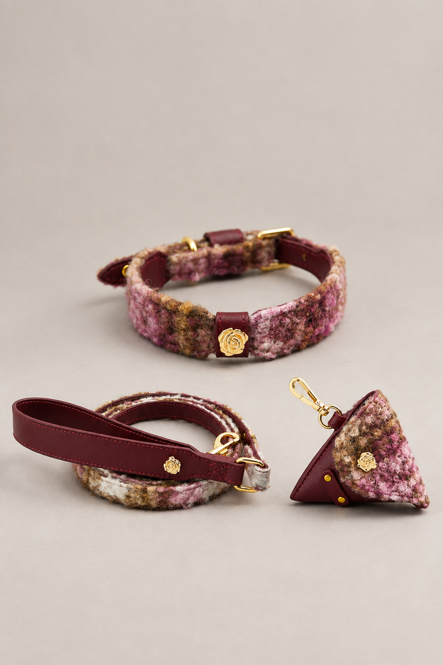 Bouclé dog collar and lead set – Bouclé Dog Collar, Lead & Poo Bag Holder Set with Rose Charm