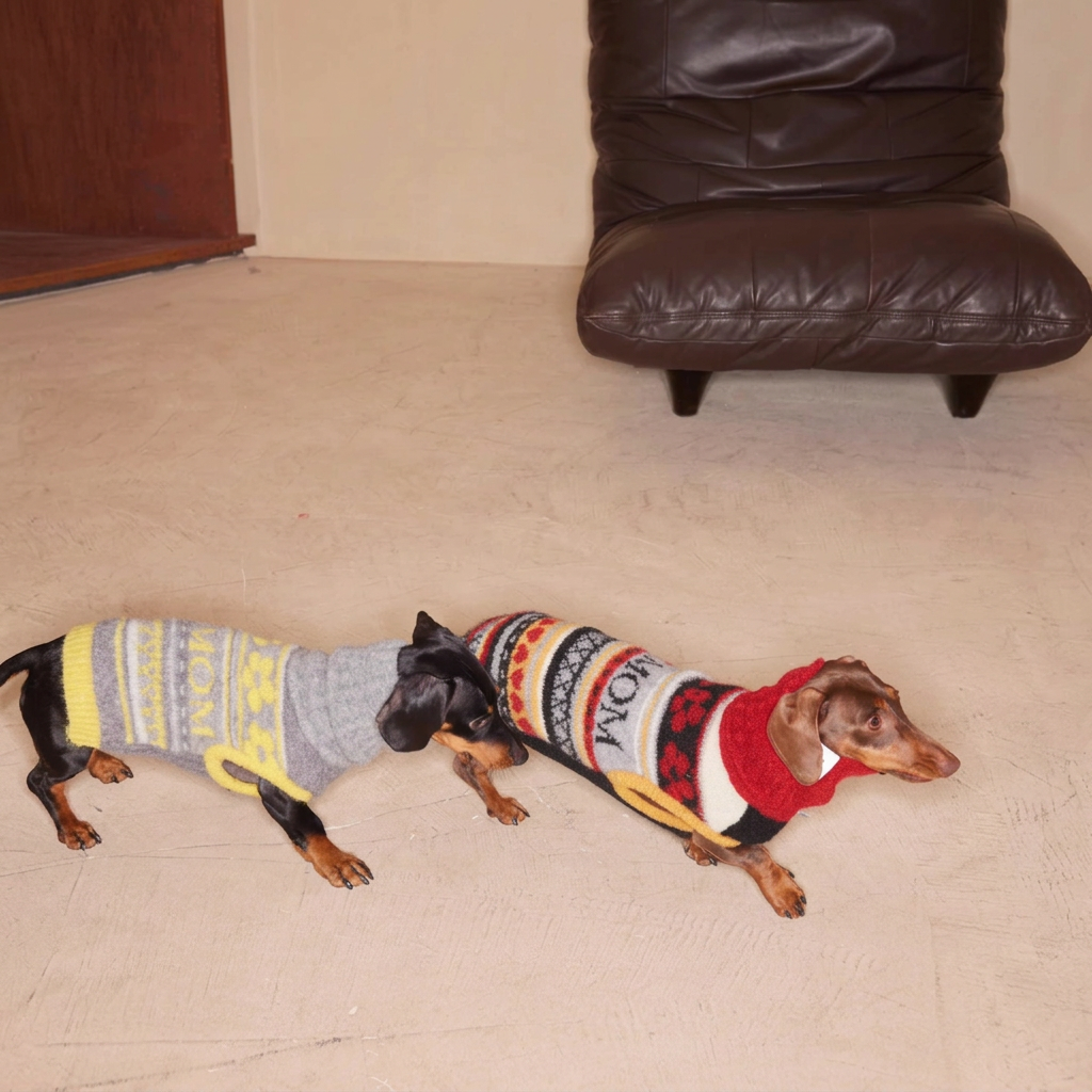 Overhead view of two dachshunds wearing red patterned and grey-and-yellow Love You, Mum knitted jumpers, showing back patterns and contrasting trim.