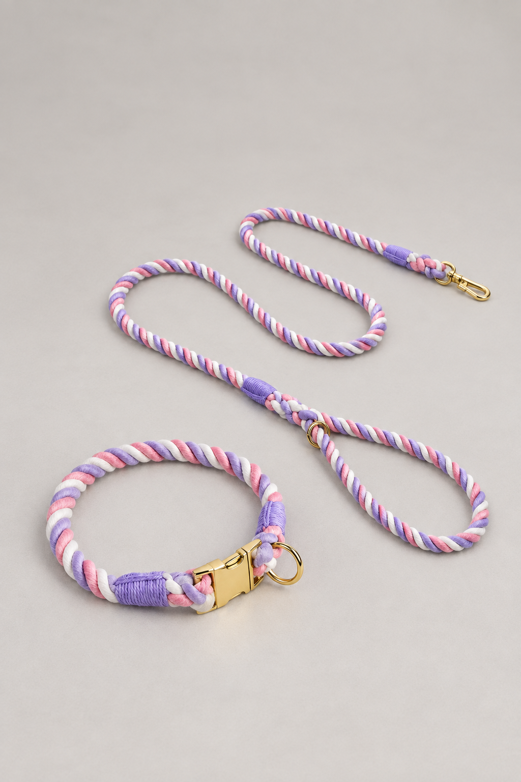 Handmade rope dog collar and lead in Lilac Pink Stripe