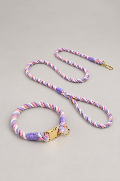 Handmade rope dog collar and lead in Lilac Pink Stripe