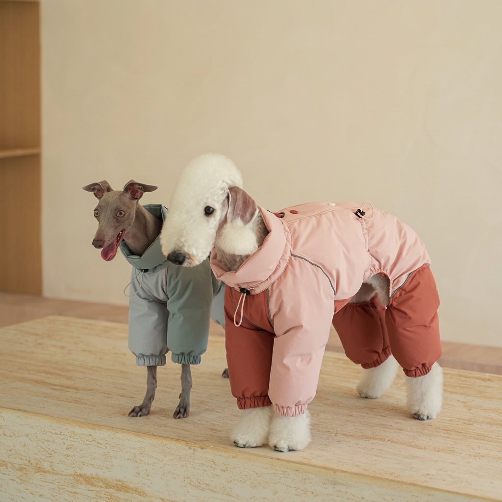 Two dogs wearing Autumn Breeze four-leg outdoor suits, pink with rust-red panels in front and sage-grey behind, in a wooden room.