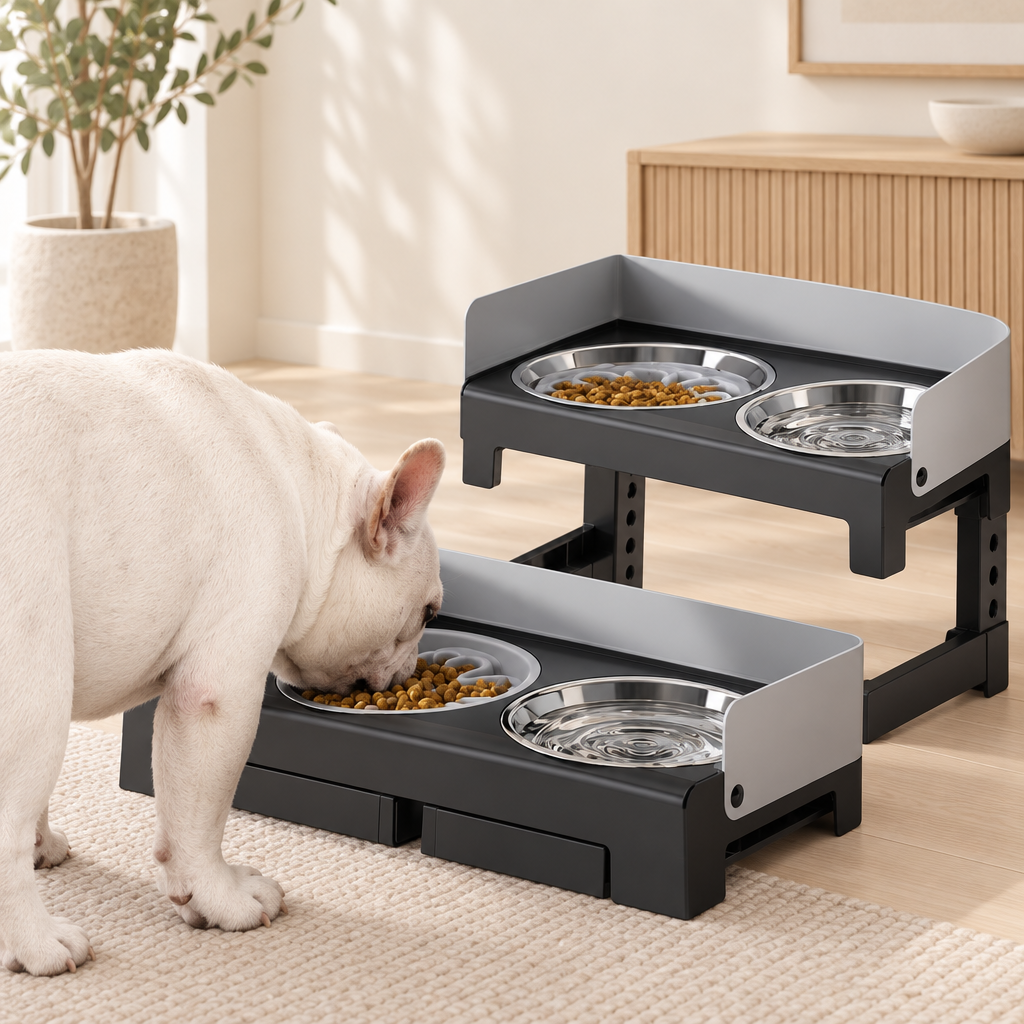 White dog using an adjustable double feeder in an off-white room
