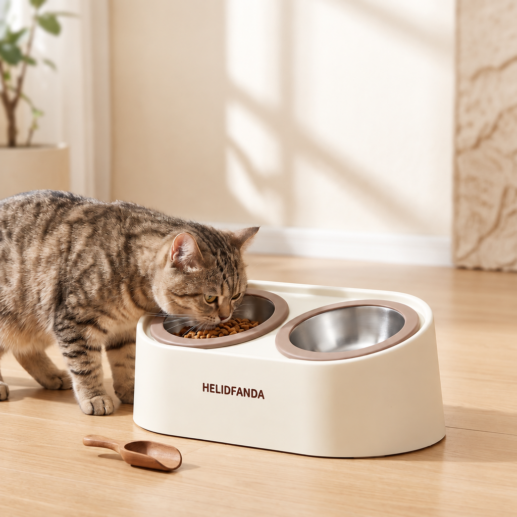 Tabby cat eating from cream double feeder