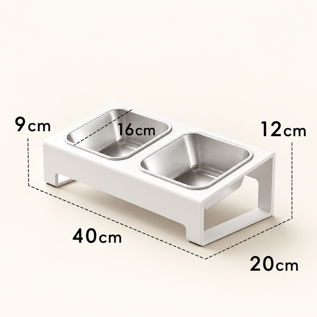 White raised double feeder with dimension labels