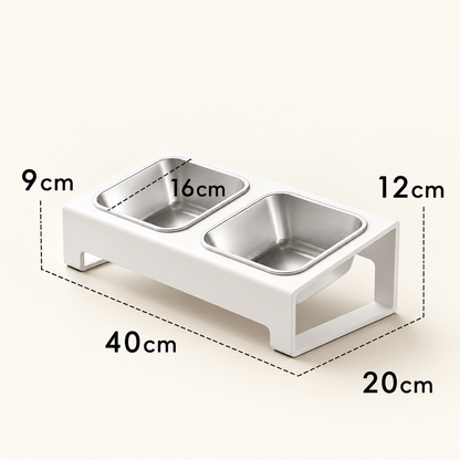 White raised double feeder with dimension labels