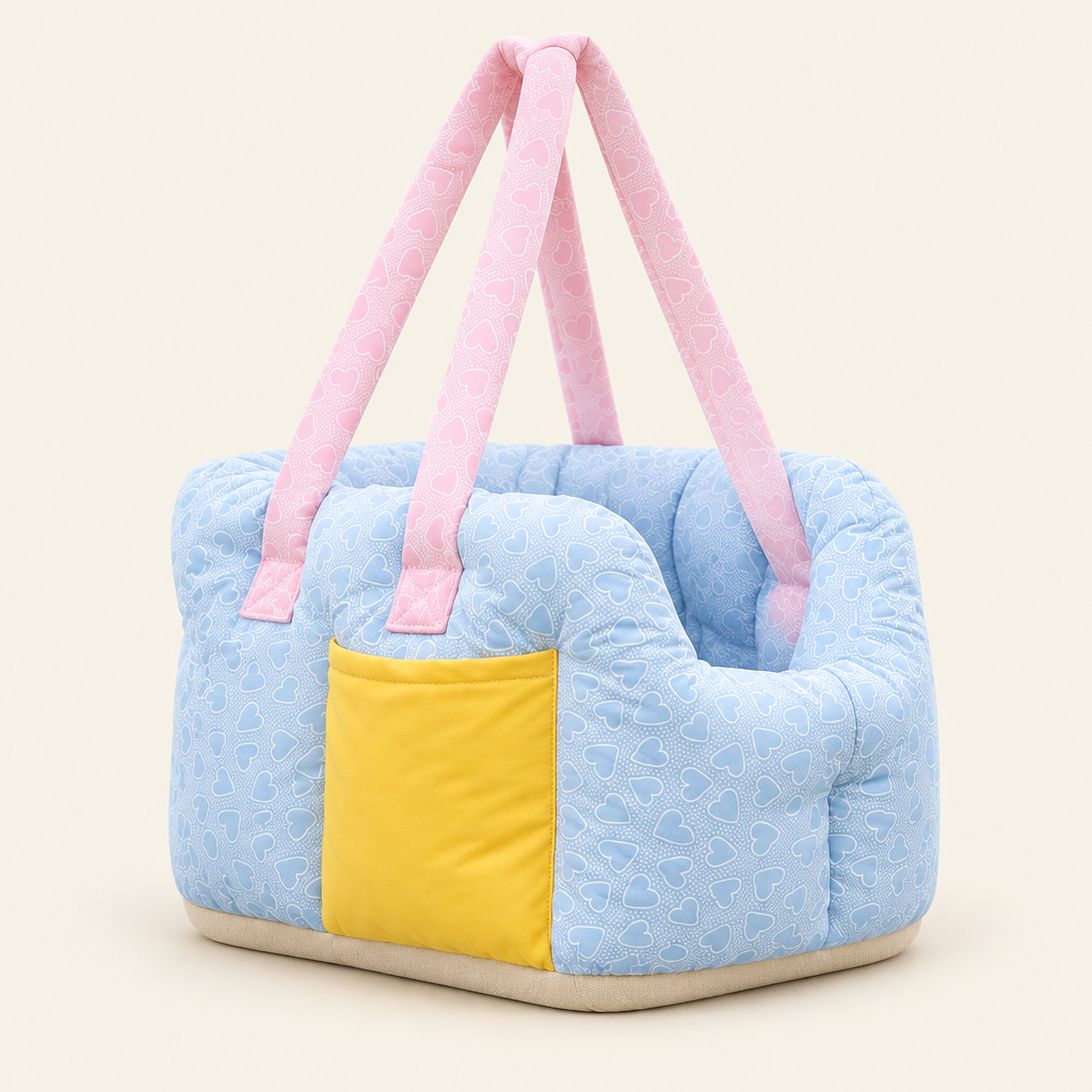 Light blue pet bed carrier on an off-white background