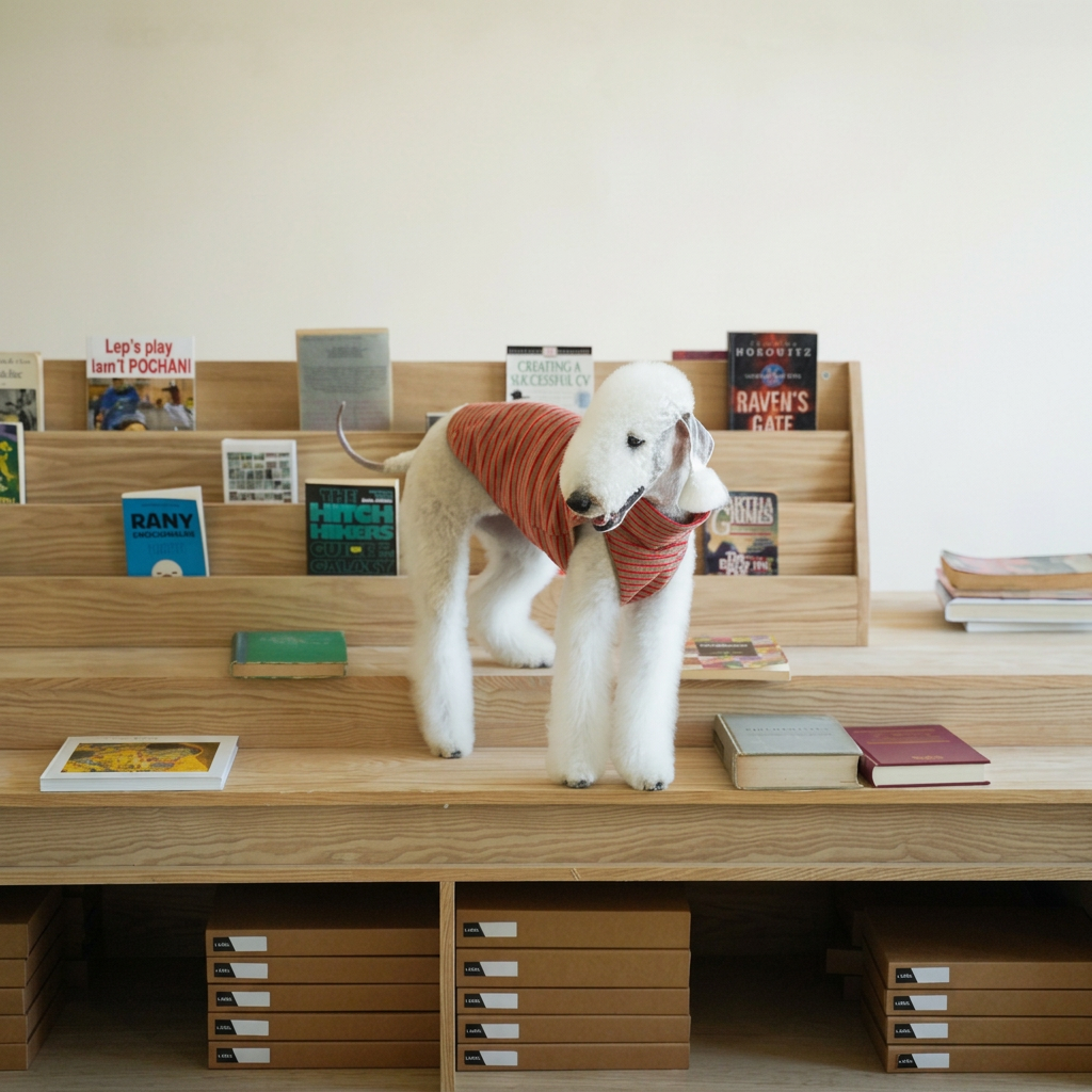 White dog standing on wooden bookshelves wearing the chestnut brown Autumn Stripes vest with red stripes and open leg holes.
