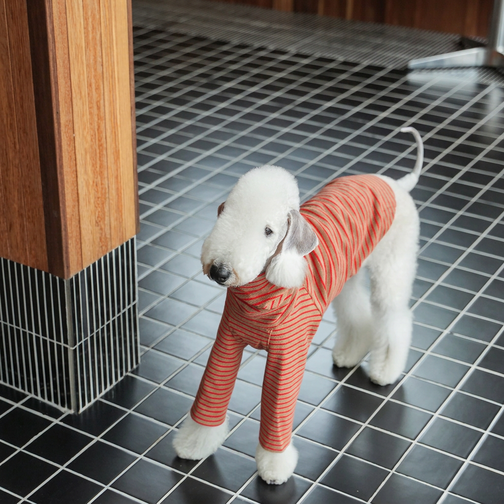 White dog on a black tiled floor wearing the long-sleeved brown and red-striped style, different from the sleeveless vest offered in this listing.