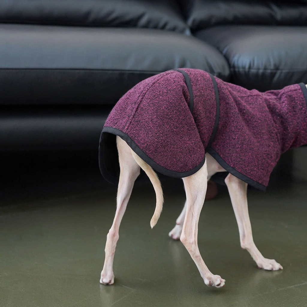 Rear detail of the plum Metropolitan dog coat showing textured fabric, curved hem, black binding and wraparound strap.