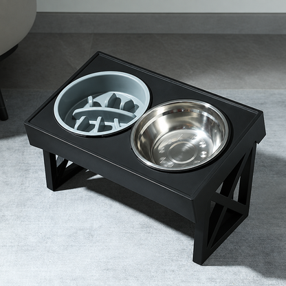 Black raised stand with blue-grey slow feeder and stainless steel water bowl