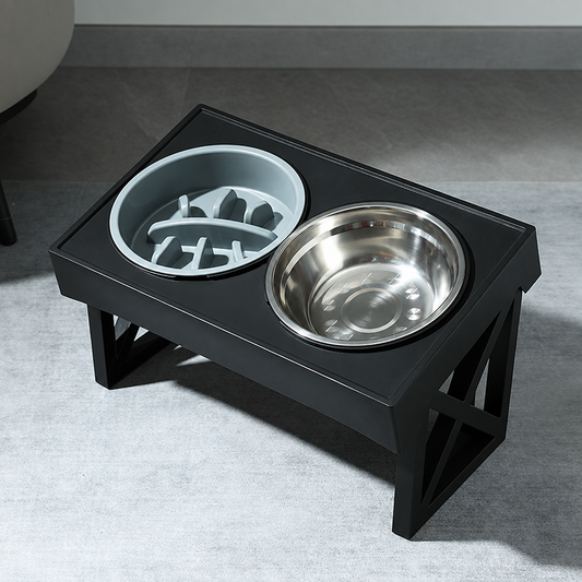 Black raised stand with blue-grey slow feeder and stainless steel water bowl