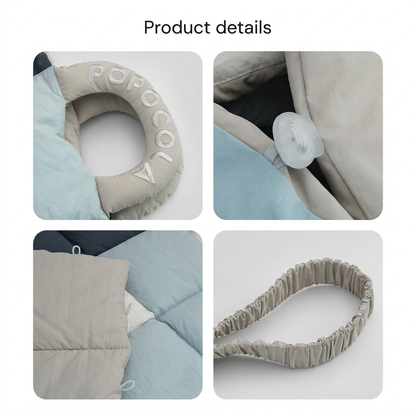 Four close-ups showing the quilted mat's padded branded handle, white toggle attachment, stitched panels and gathered carrying band.