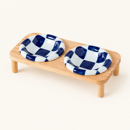 Blue checkerboard pair on tall stand