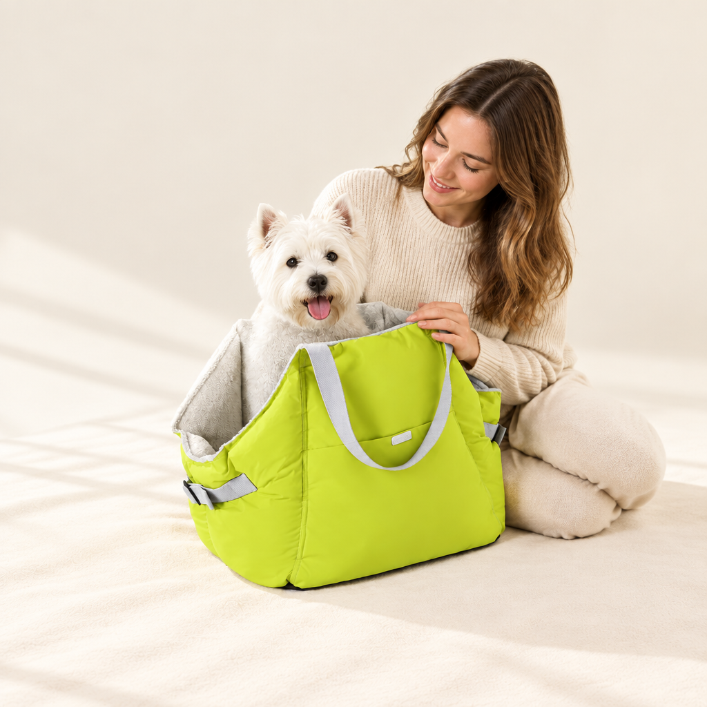 Pet Car Bed and Carry Bag – 2-in-1 Padded Car Seat Bed for Small Dogs and Cats up to 6 kg, Green