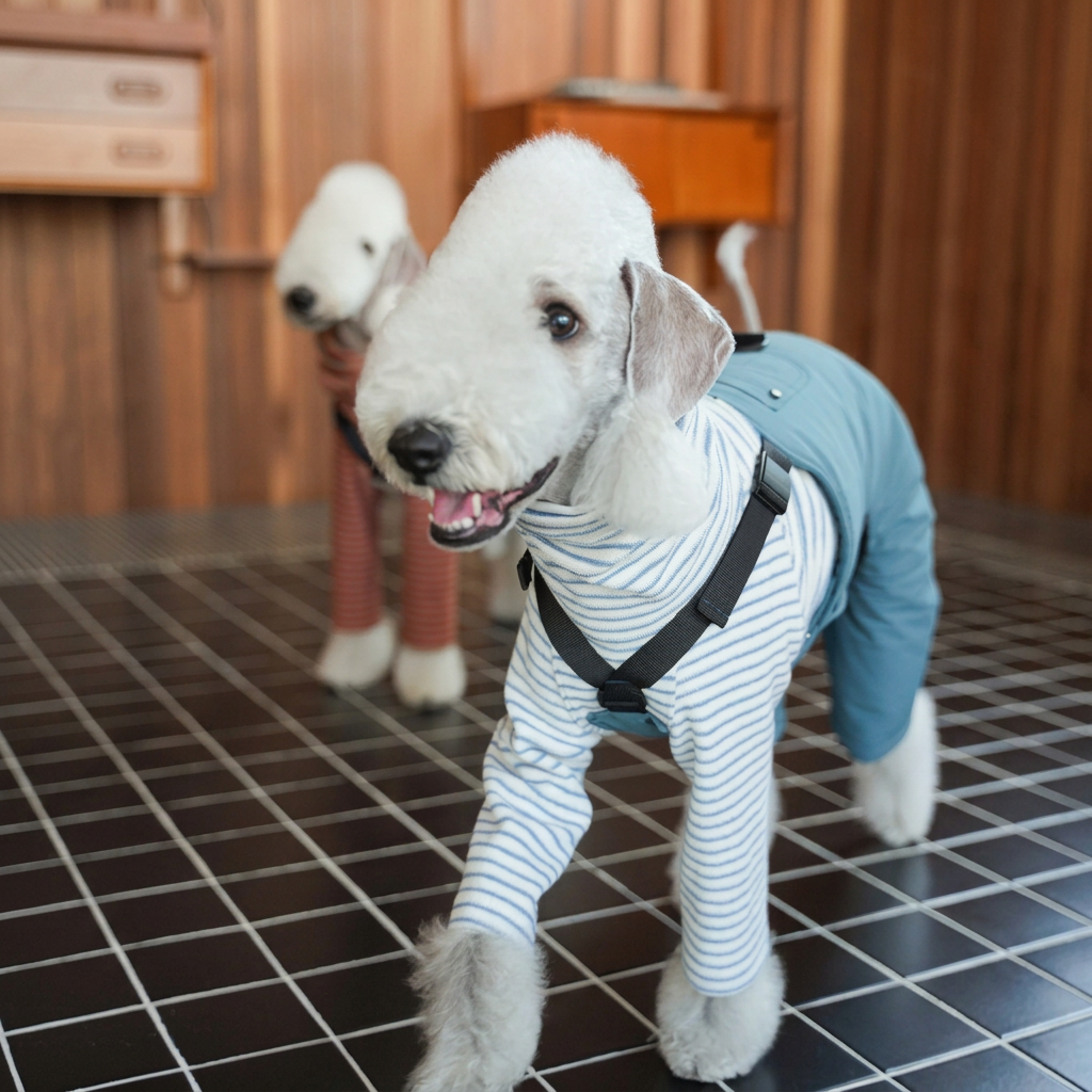 White dog in Blue Winter Workwear overalls with black straps on a dark tiled floor, styled with a separate grey-striped top.