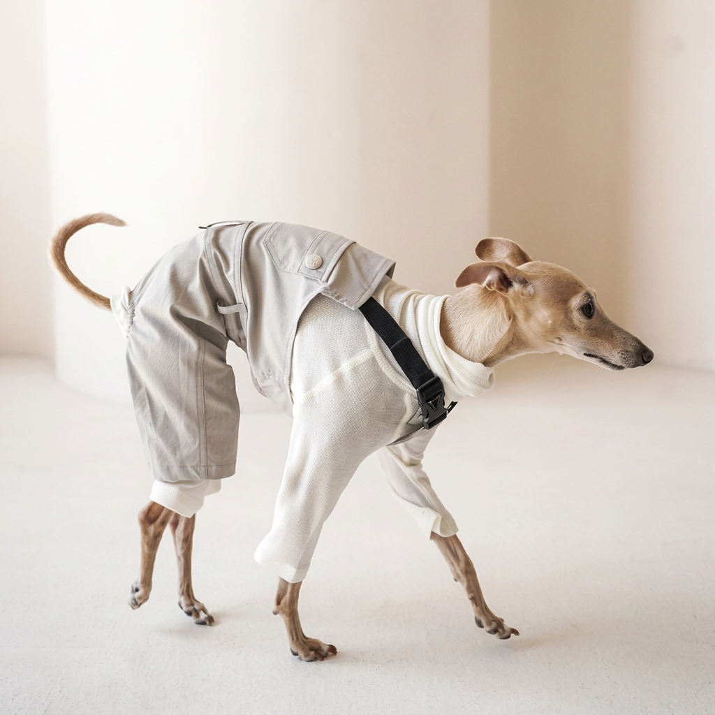 Side view of a walking dog wearing White Urban Explorer overalls with black straps and buckle over a separate white long-sleeved top.