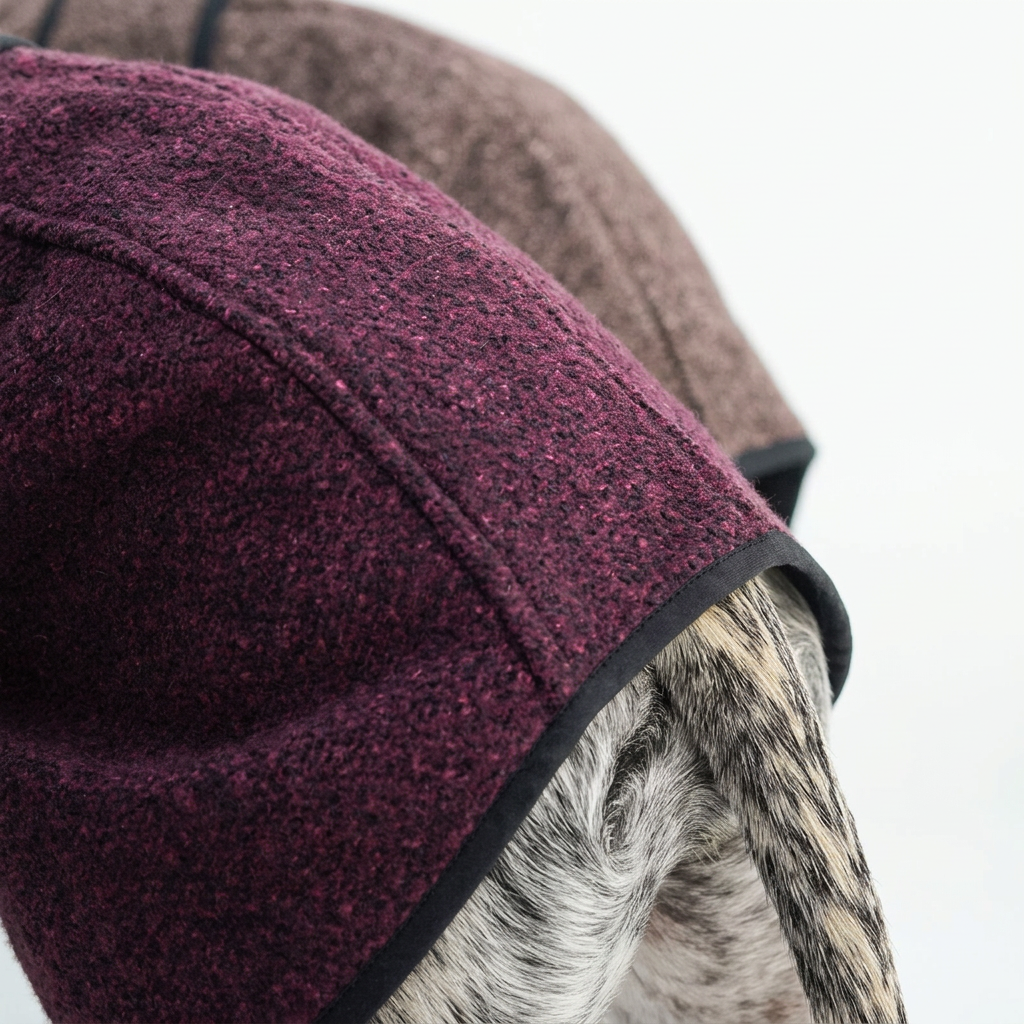 Close-up of plum Metropolitan coat fabric, showing its textured weave, seam and black edge binding, with a brown-taupe coat behind.