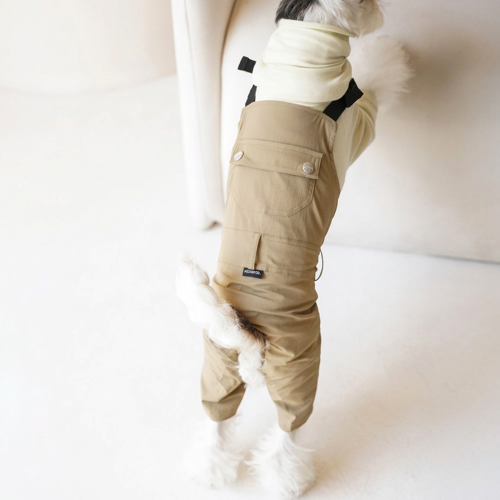 Rear detail of Beige Urban Explorer dog overalls showing two round buttons, panel seams and the sewn Hound Co label over a separate cream top.