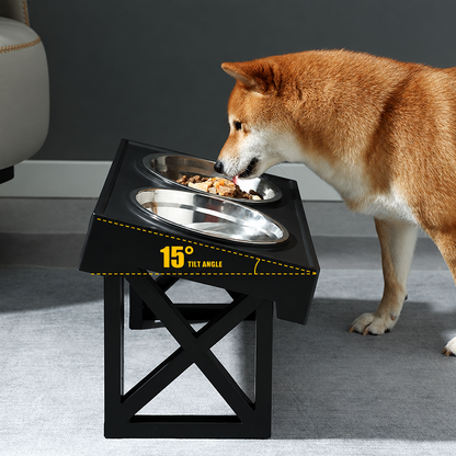 Dog eating from tilted black feeder with 15 degree angle label
