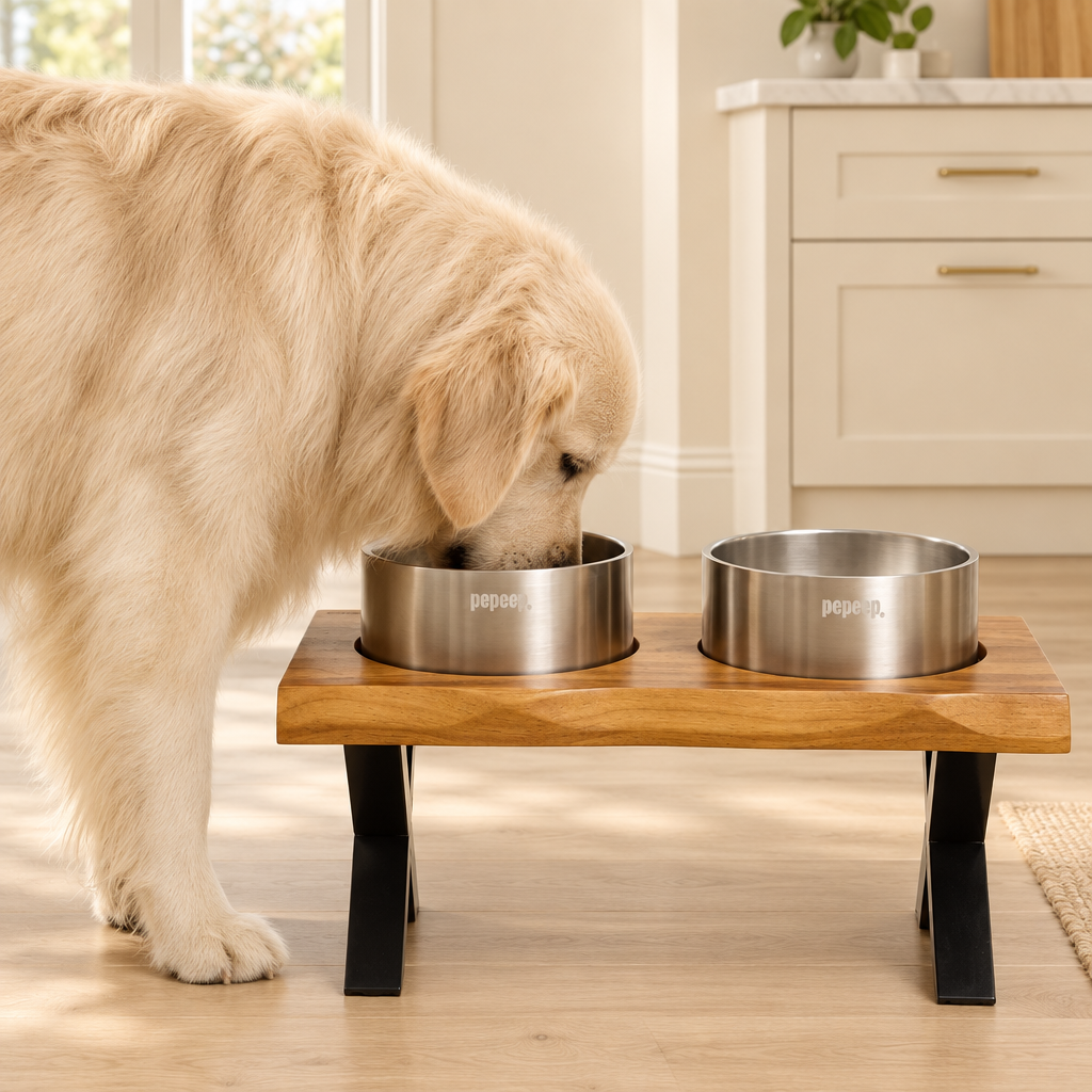 Retriever eating from stainless steel feeder