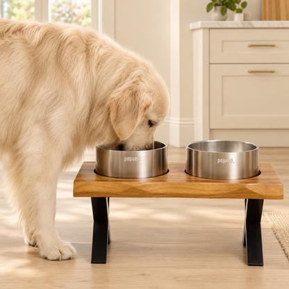 Retriever eating from stainless steel feeder