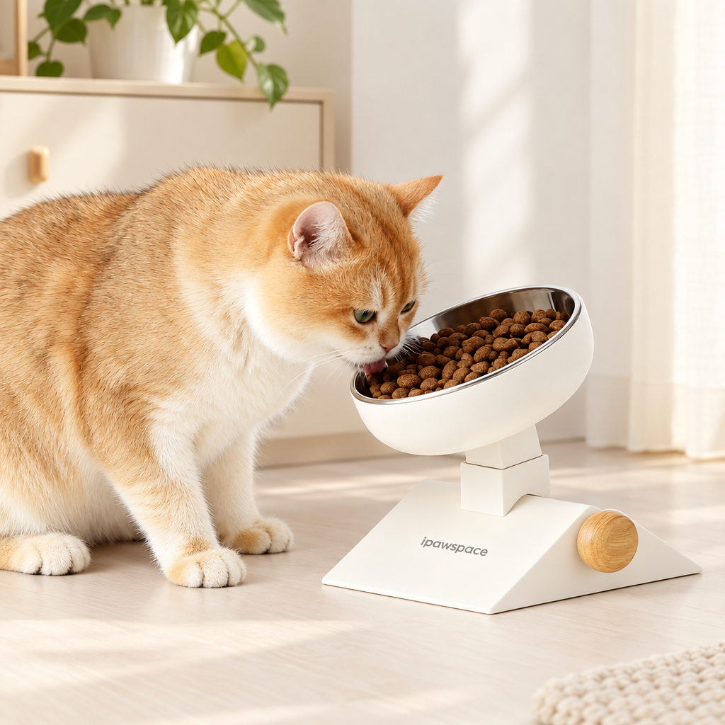 Golden cat eating from adjustable stainless steel feeder