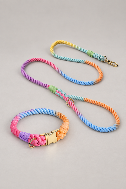 Handmade rope dog collar and lead in Pastel Rainbow