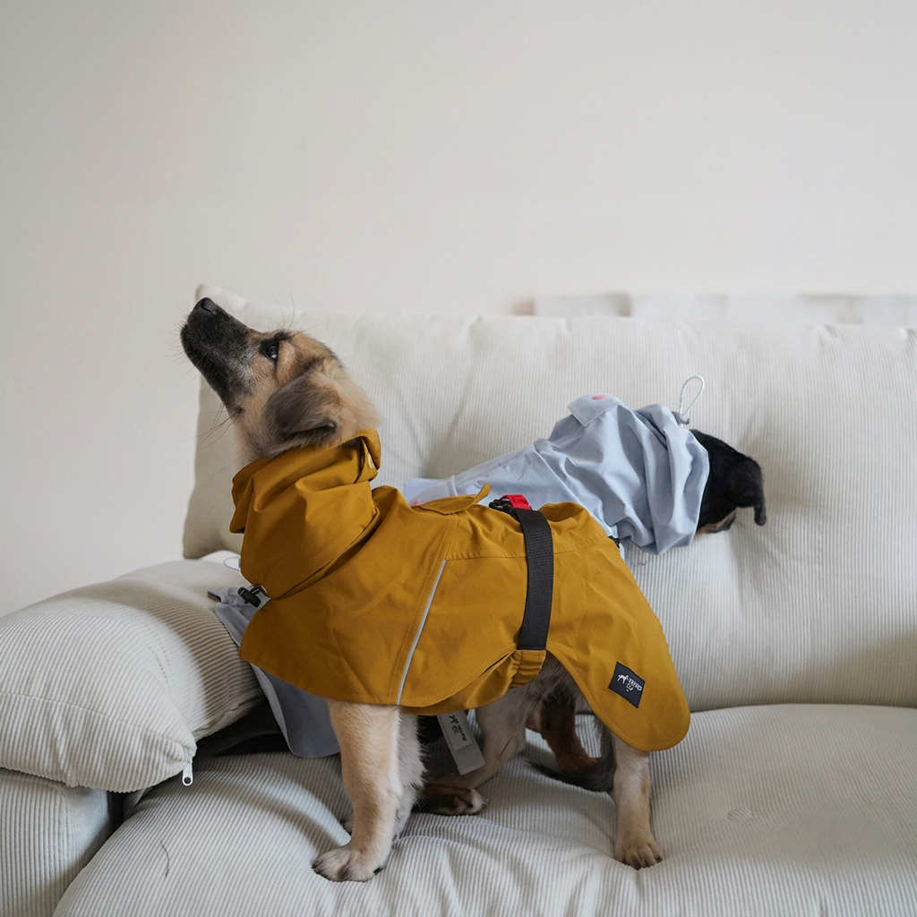 Dog standing on a cream sofa wearing the Bronze Quickwear raincoat with black body strap, extended collar and rear coverage; a Blue-coated dog is behind.