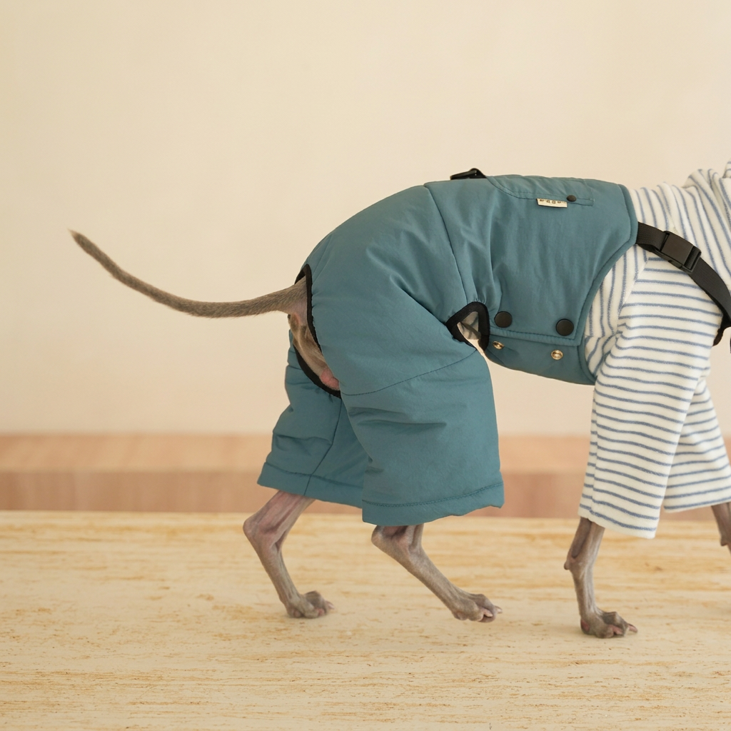 Close-up of Blue Winter Workwear dog overalls showing rear-leg coverage, side snap buttons, black edging and sewn label, styled over a separate striped top.