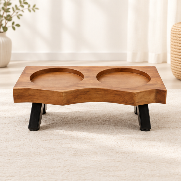 Wooden Pet Dining Table – Raised Double Bowl Stand for Cats and Small Dogs, with Bowls or Table Only