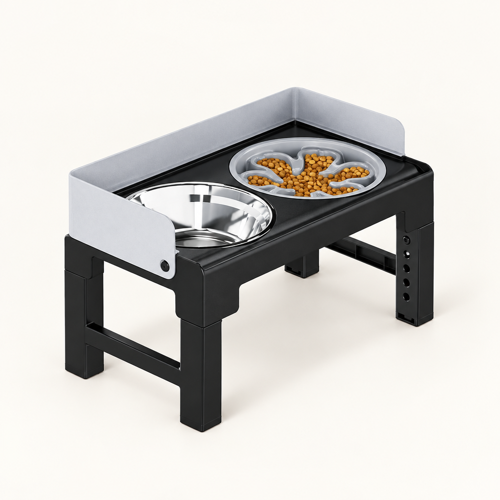 Angled view of adjustable double feeder on an off-white background