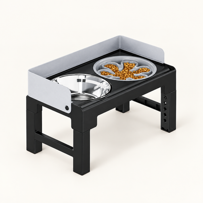 Angled view of adjustable double feeder on an off-white background