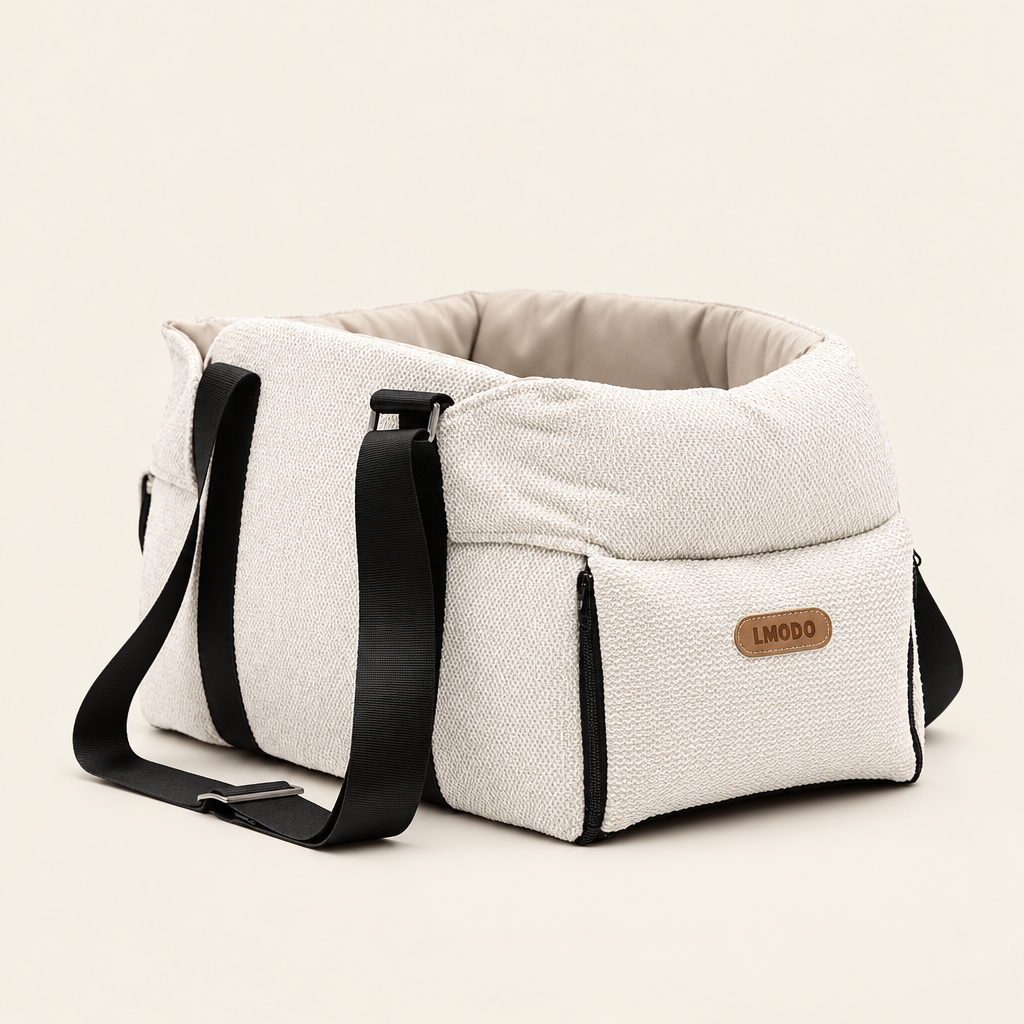 Cream pet carrier bed on an off-white background