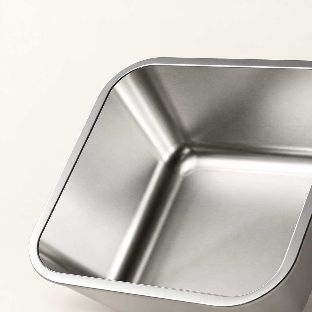 Close-up of a square stainless steel pet bowl