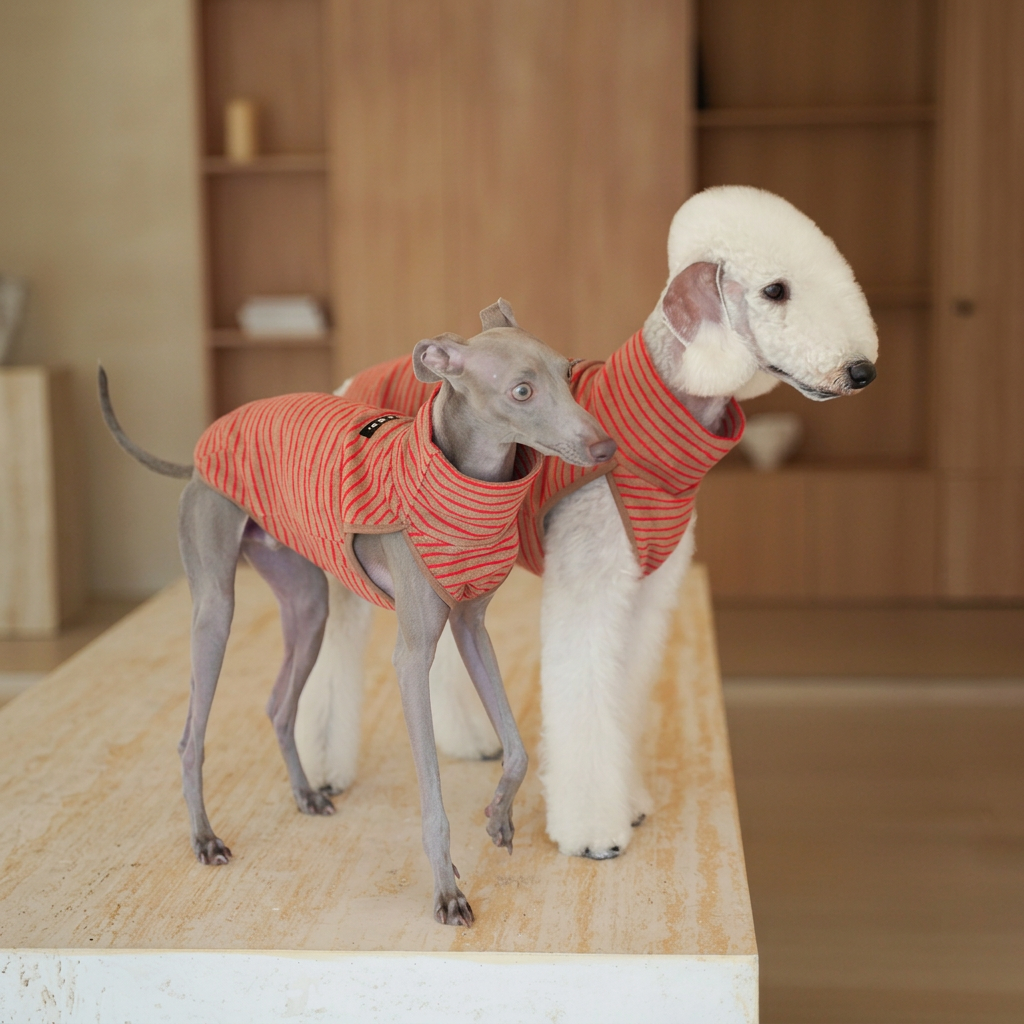 Grey and white dogs standing together in matching brown and red-striped Autumn Stripes sleeveless fleece vests on a stone platform.