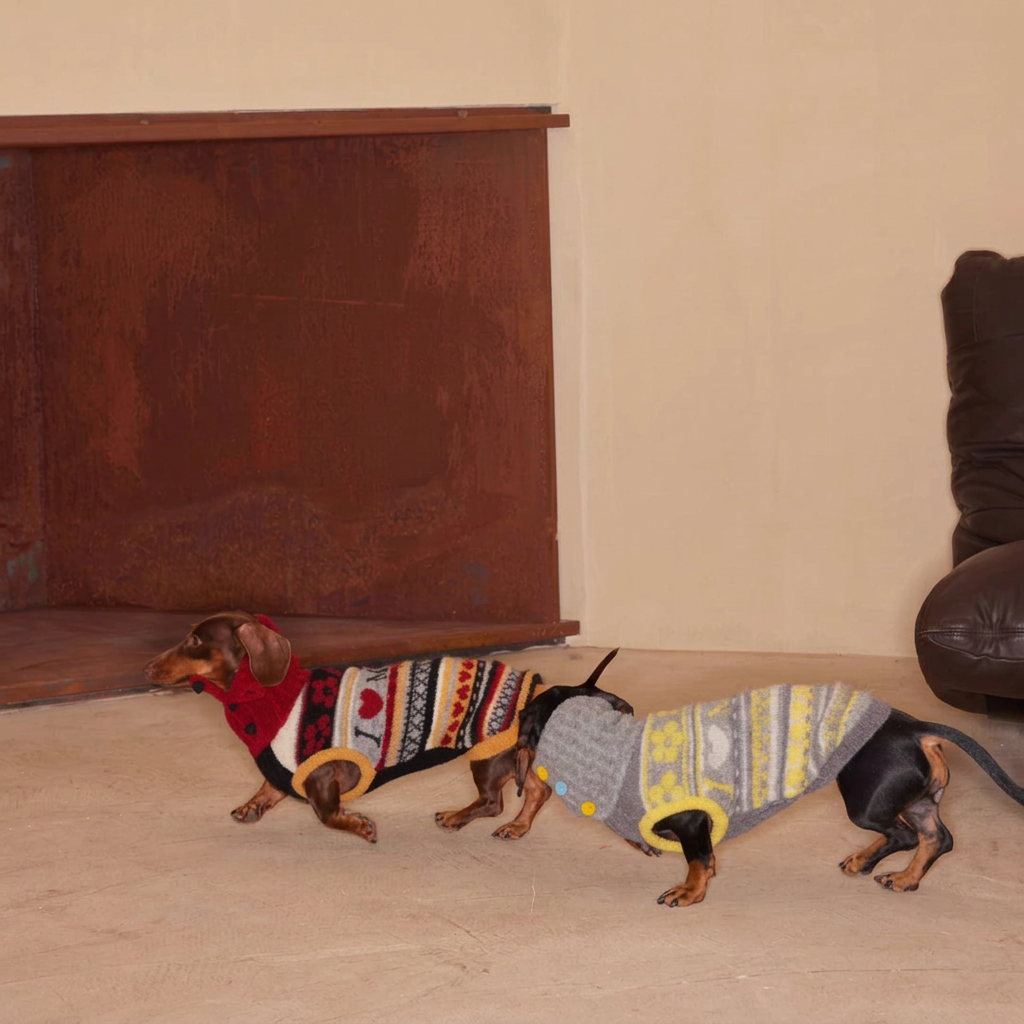 Side view of two dachshunds wearing Love You, Mum jumpers, one red, black and cream and one grey with yellow patterns and trim.