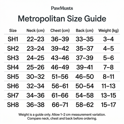 PawMusts Metropolitan coat size guide for SH1–SH8, with neck, chest and back measurements in cm and suggested weight in kg. Full measurements are also provided in the text size guide.
