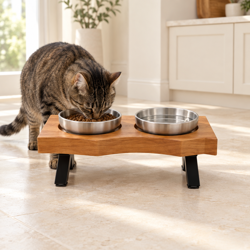 Cat with stainless-steel feeder