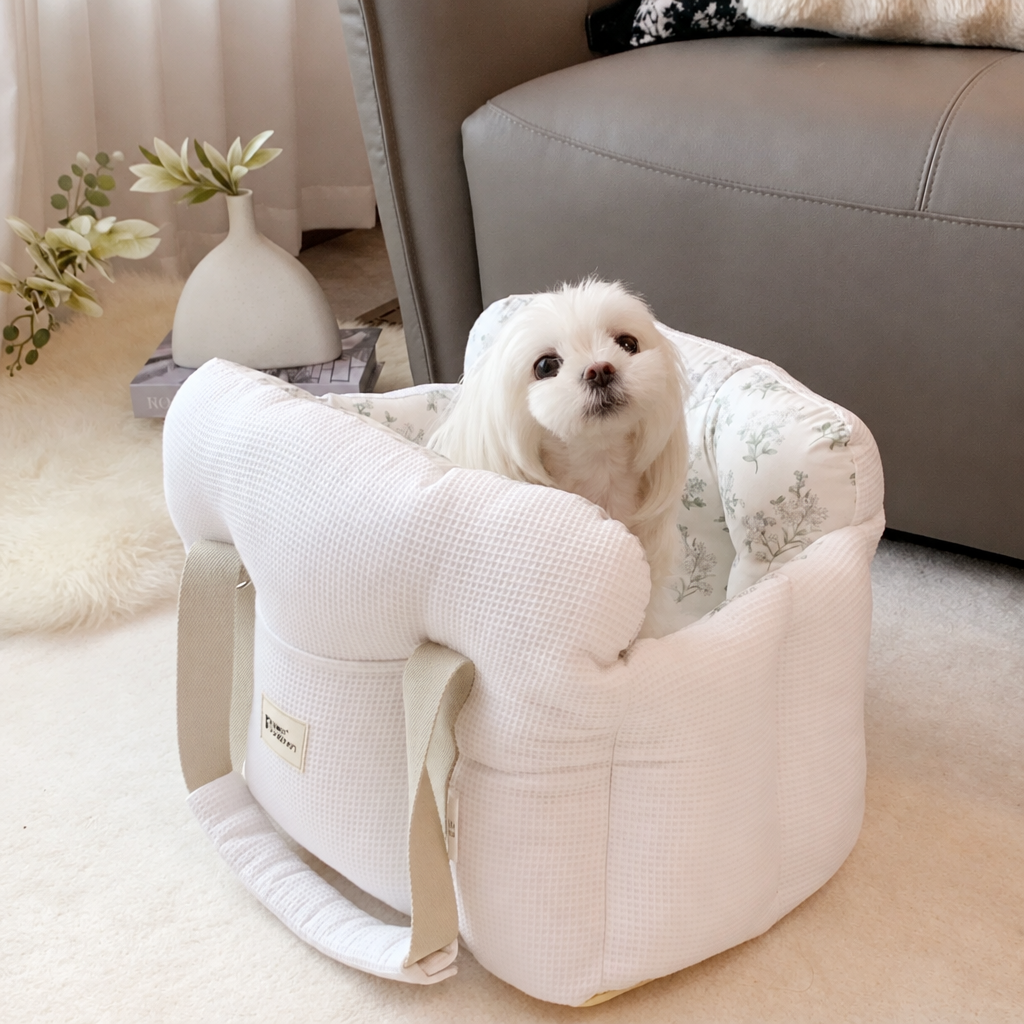 Small white dog in a white waffle-textured carrier with floral lining