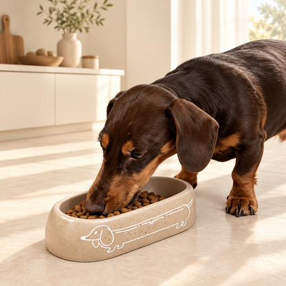 Dachshund eating from beige bowl