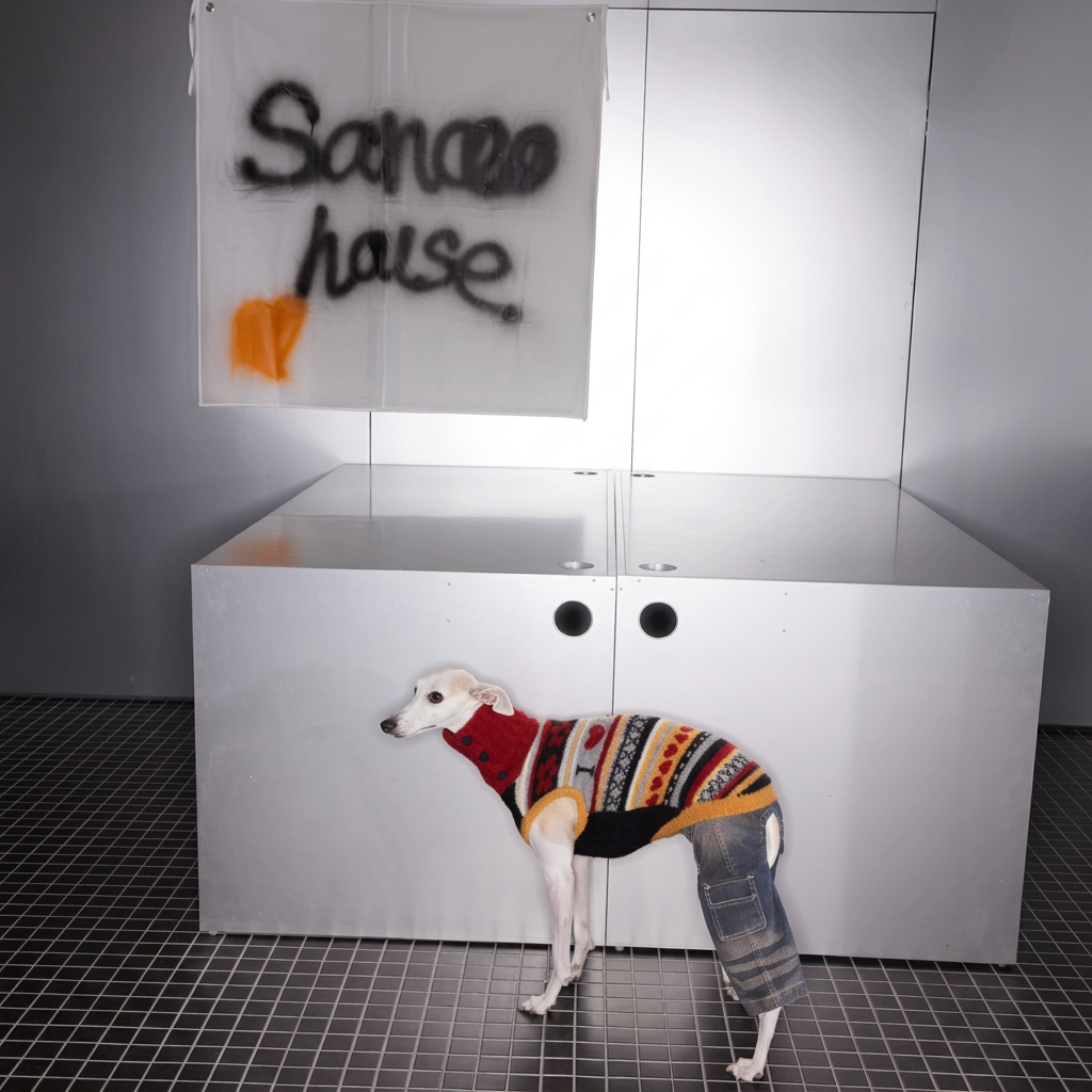 White dog wearing the red, black and cream Love You, Mum patterned knit jumper, styled with separate denim trousers beside white cabinets.