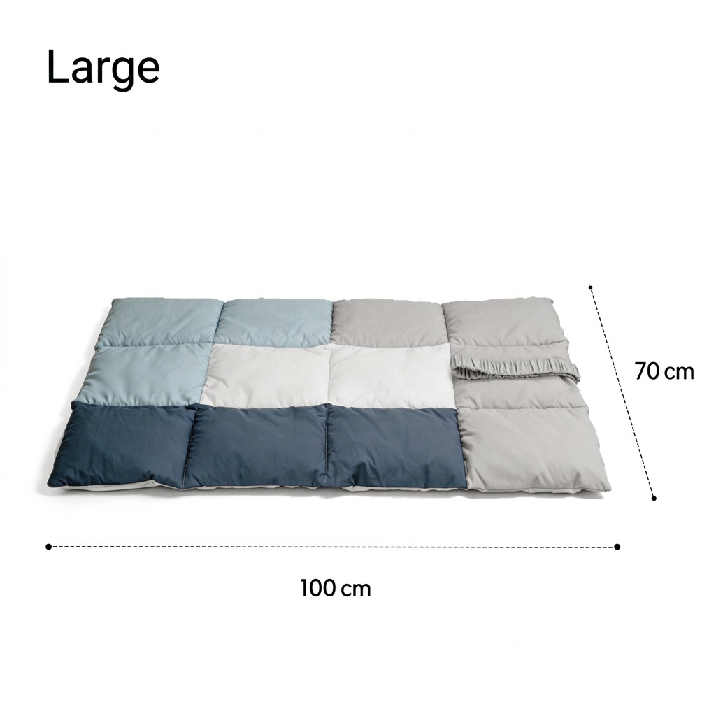 Large colour-block quilted mat with dimension lines marking 100 cm length and 70 cm width.