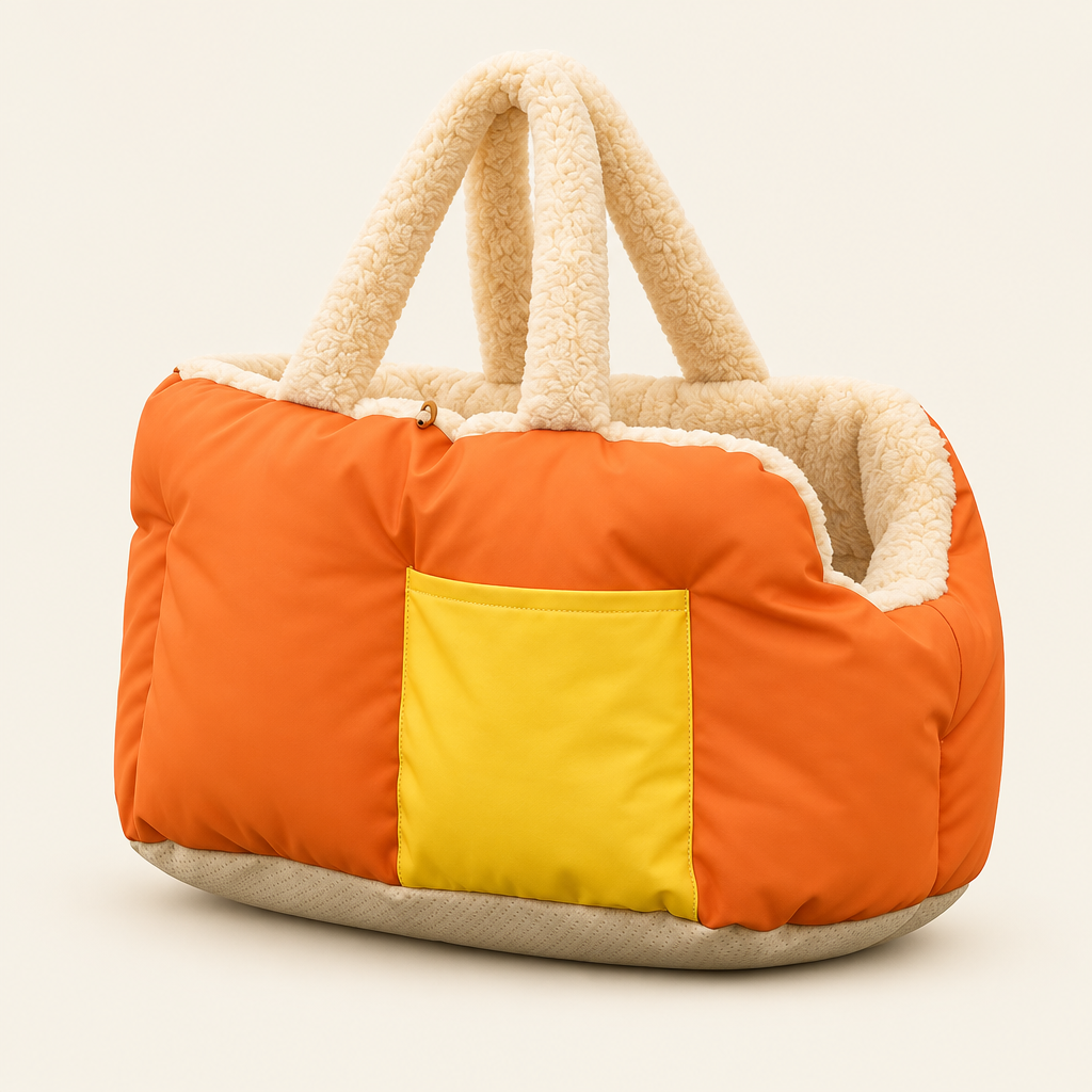 Orange-red pet bed carrier on an off-white background