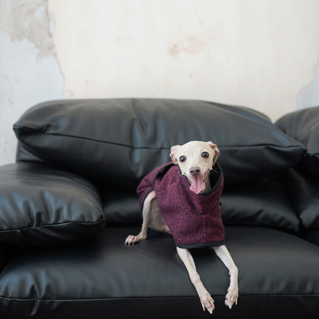 White dog facing forward on a black sofa in the plum Metropolitan coat, with a high collar and black edge binding.