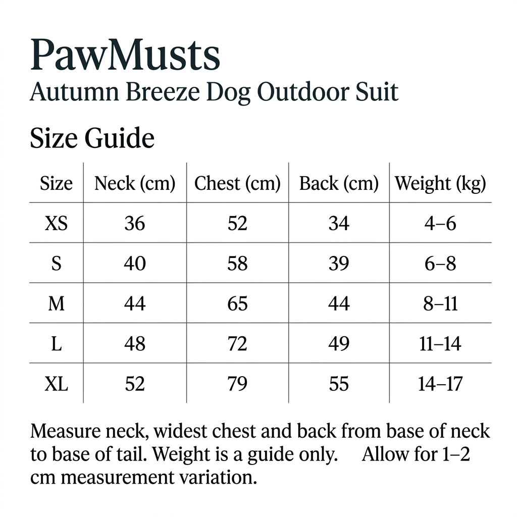 PawMusts Autumn Breeze size chart for XS to XL, with neck, chest and back measurements in centimetres and suggested dog weight in kilograms.