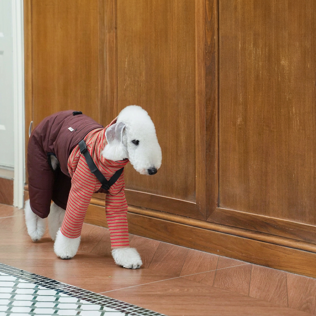 Standing white dog in burgundy Red Winter Workwear overalls with padded rear legs and black straps, worn over a separate striped top.