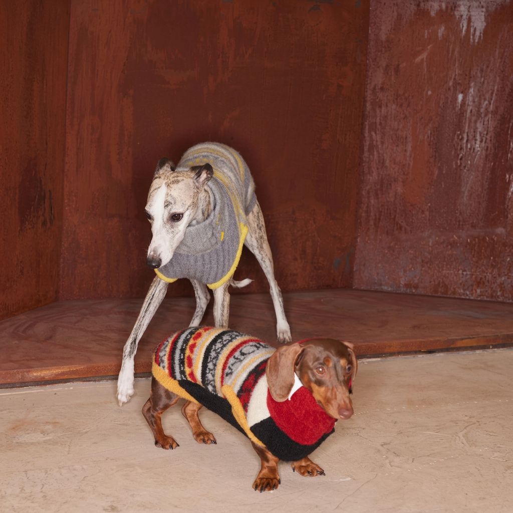 Brown dachshund in a red patterned Love You, Mum jumper with a grey-and-yellow-jumper dog behind, beside a wooden bench.