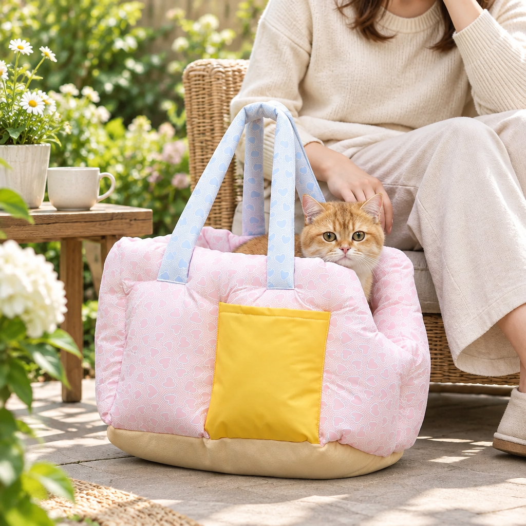 Cat relaxing in a pink pet bed carrier on a garden patio
