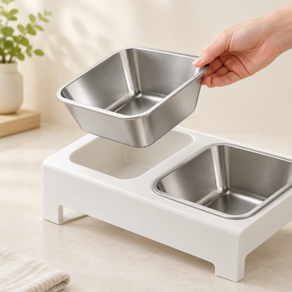 Hand lifting a square stainless steel bowl from the white feeder