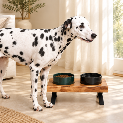Dalmatian beside feeder